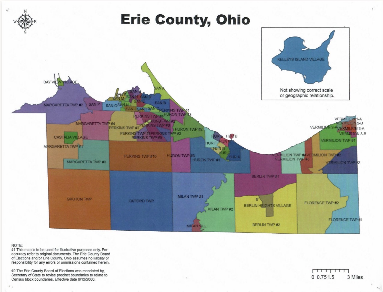 Erie County, Ohio precinct map showing color-coded townships, villages, and voting precincts, with a Kelleys Island inset and the original map notes.